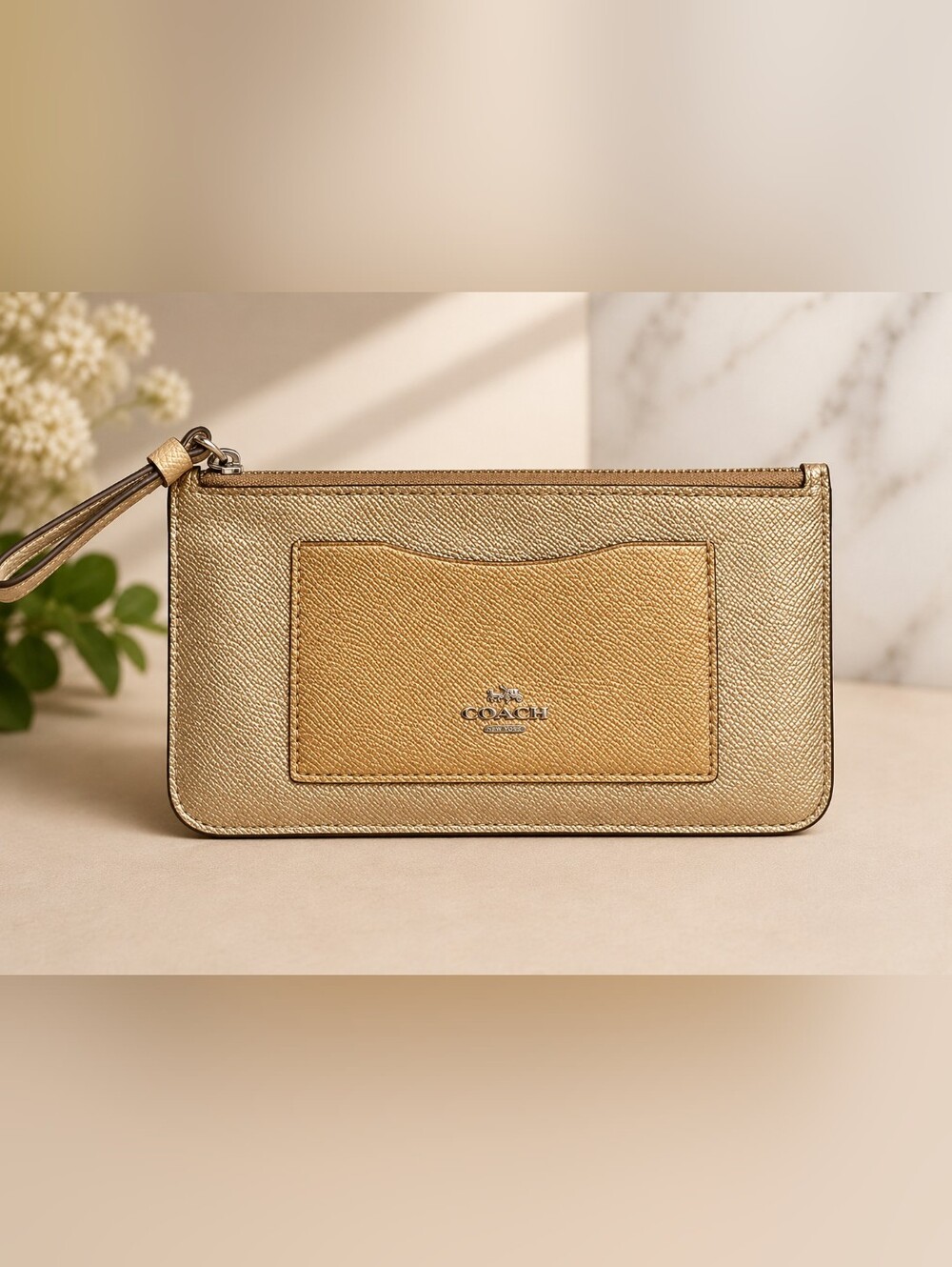 Coach Metallic Gold Crossgrain Leather Zip Card Case Wristlet Wallet